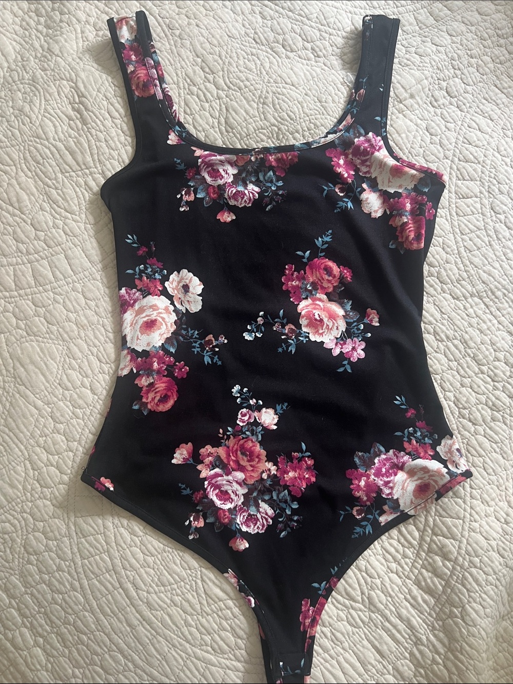 Black Floral Tank Bodysuit with Pink Rose Print